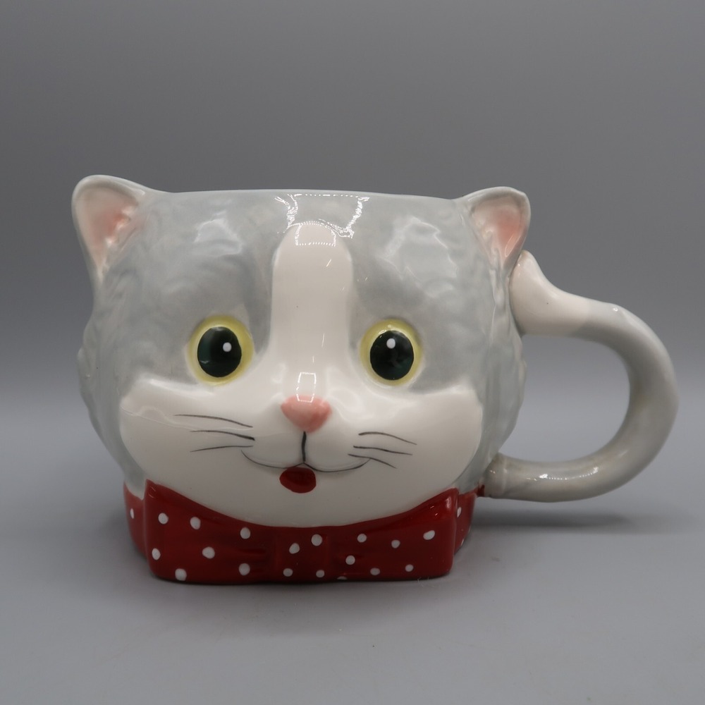 Pier 1 Imports‎ Oversized Gray Kitten Cat Coffee Mug Red White Bow Tie